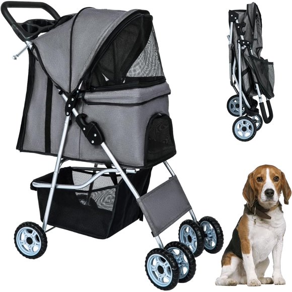 BestPet Dog & Cat Pet Stroller, 4-Wheel Foldable Lightweight Pet Jogger, Cup Holder, Travel Carrier, Grey Linen, Up to 33 Lbs