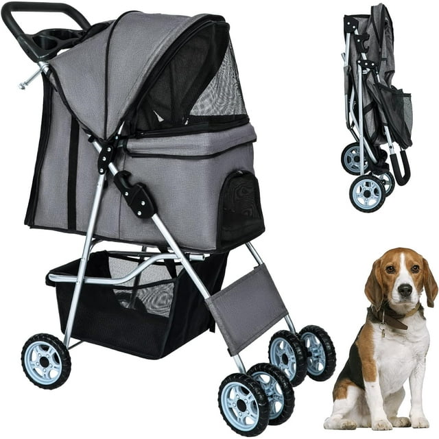 BestPet 4 Wheels Pet Stroller Dog Cat Jogger Stroller for Medium Small Dogs Cats Folding Lightweight Travel Cup Holder, Grey
