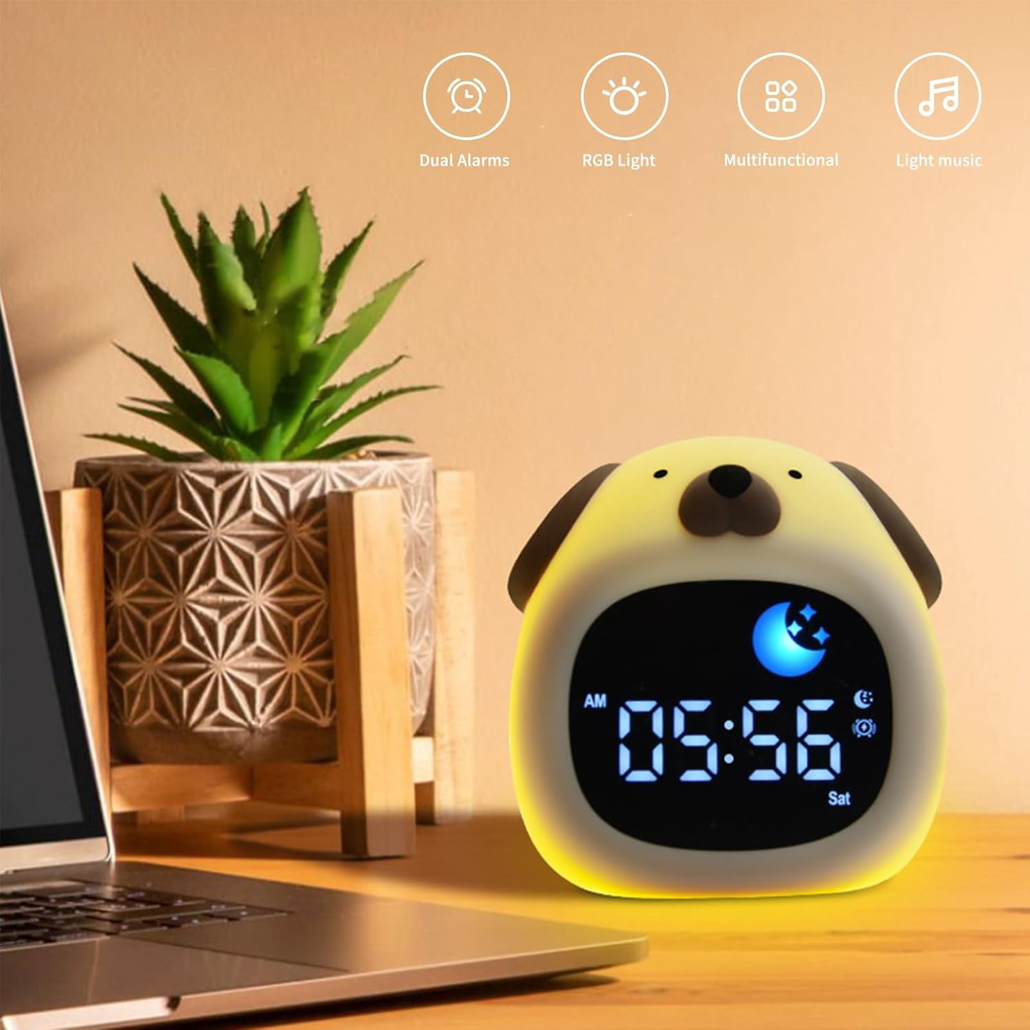 Puppy Animal Alarm Clock With Night Light, USB Rechargeable Sleep Trainer With 6 Music Modes For Bedroom