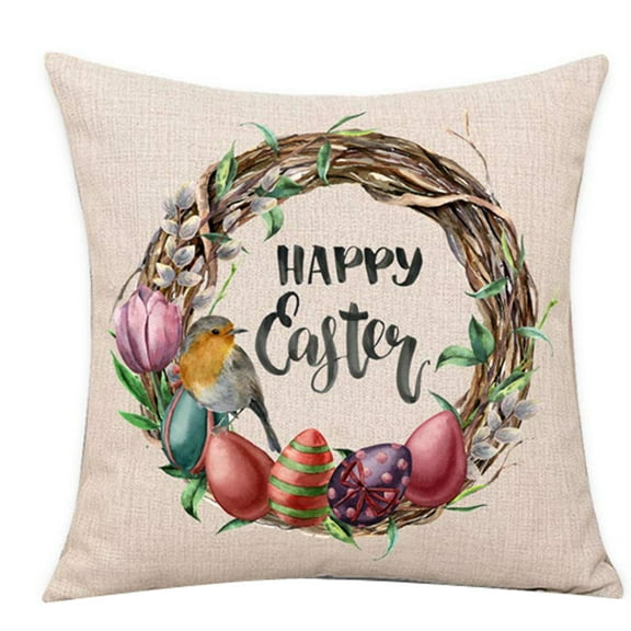 MXTPOV Flax Pillow Covers for Sofa Couch, Happy Easter, Wreath Easter Eggs Throw Pillow Covers, Easter Decorations, Decorative Pillow Covers 18x18 for Home Decor