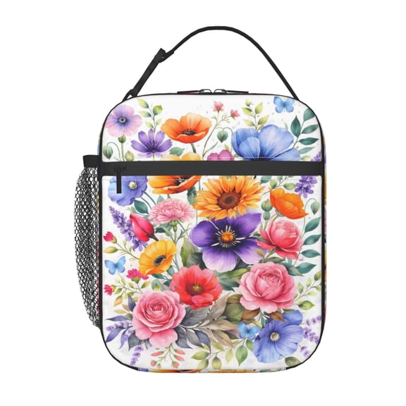 Floral Watercolor Lunch Bag Reusable Thermal Lunch Tote with Handle for Women and Men