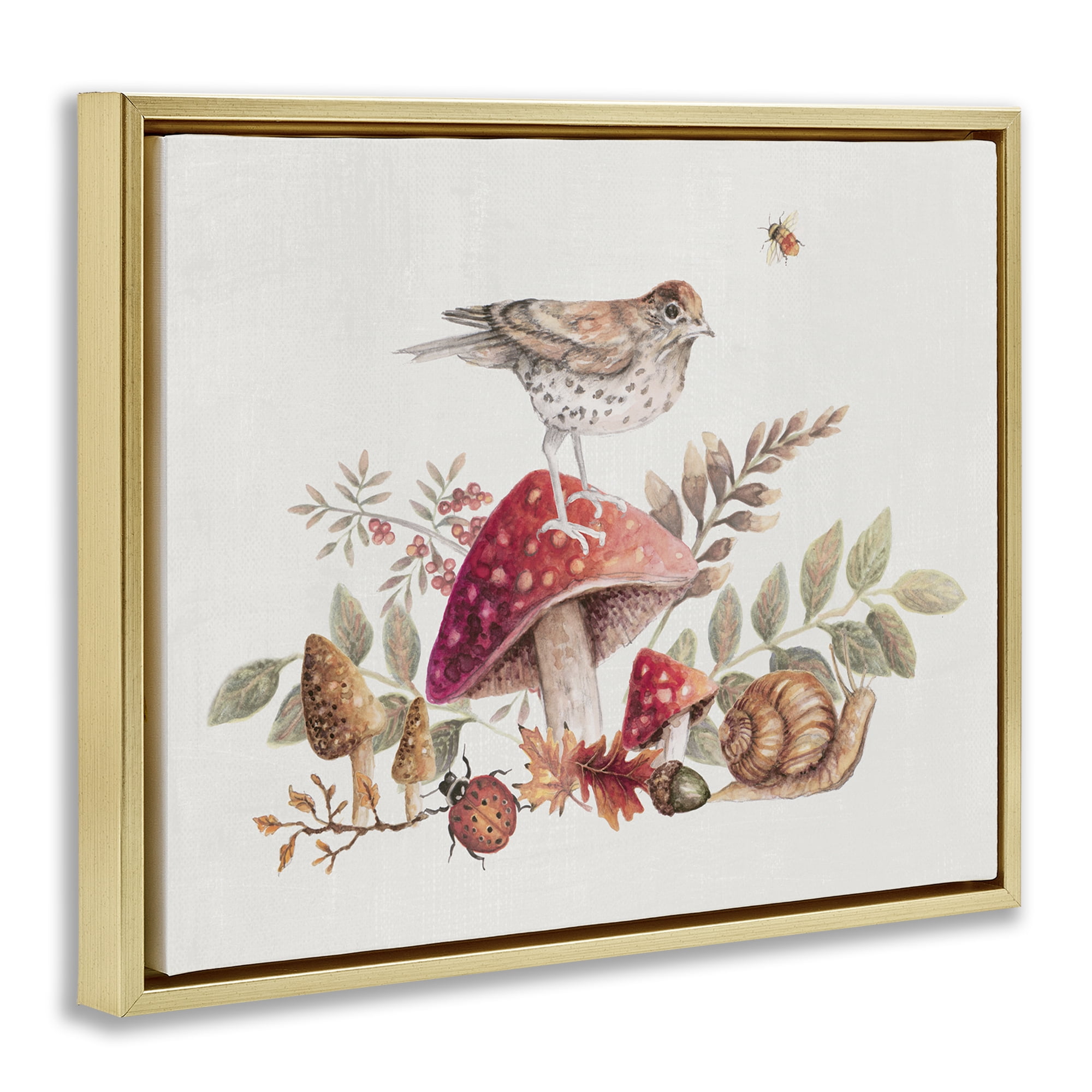 Stupell Industries Rustic Botanicals & Bird Botanical & Floral Painting Gold Floater Framed Canvas Art Print Wall Art, 21 x 17