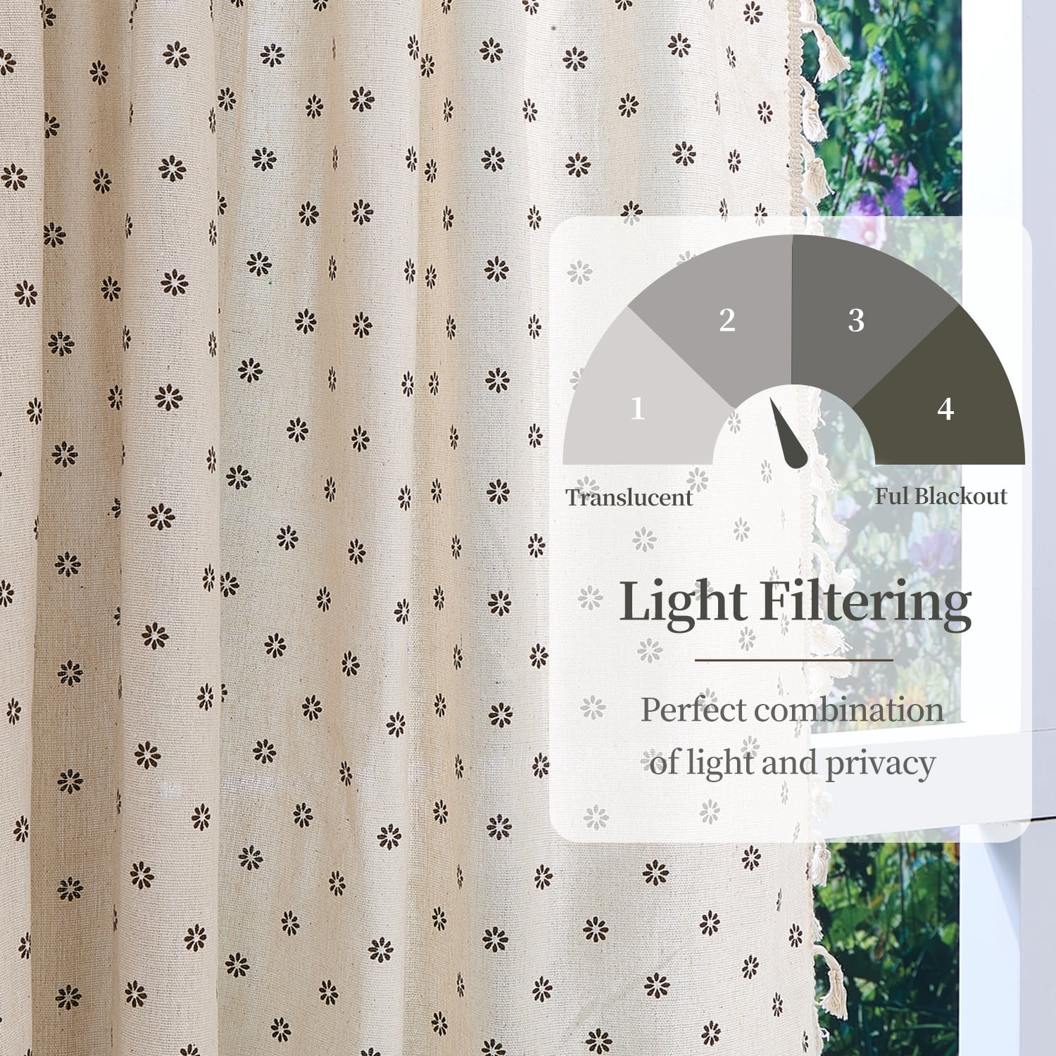 Lfeey Linen Blend Curtain Daisy Floral 96 Inches Long, Rod Pocket Curtains for Living Room, 2 Panels
