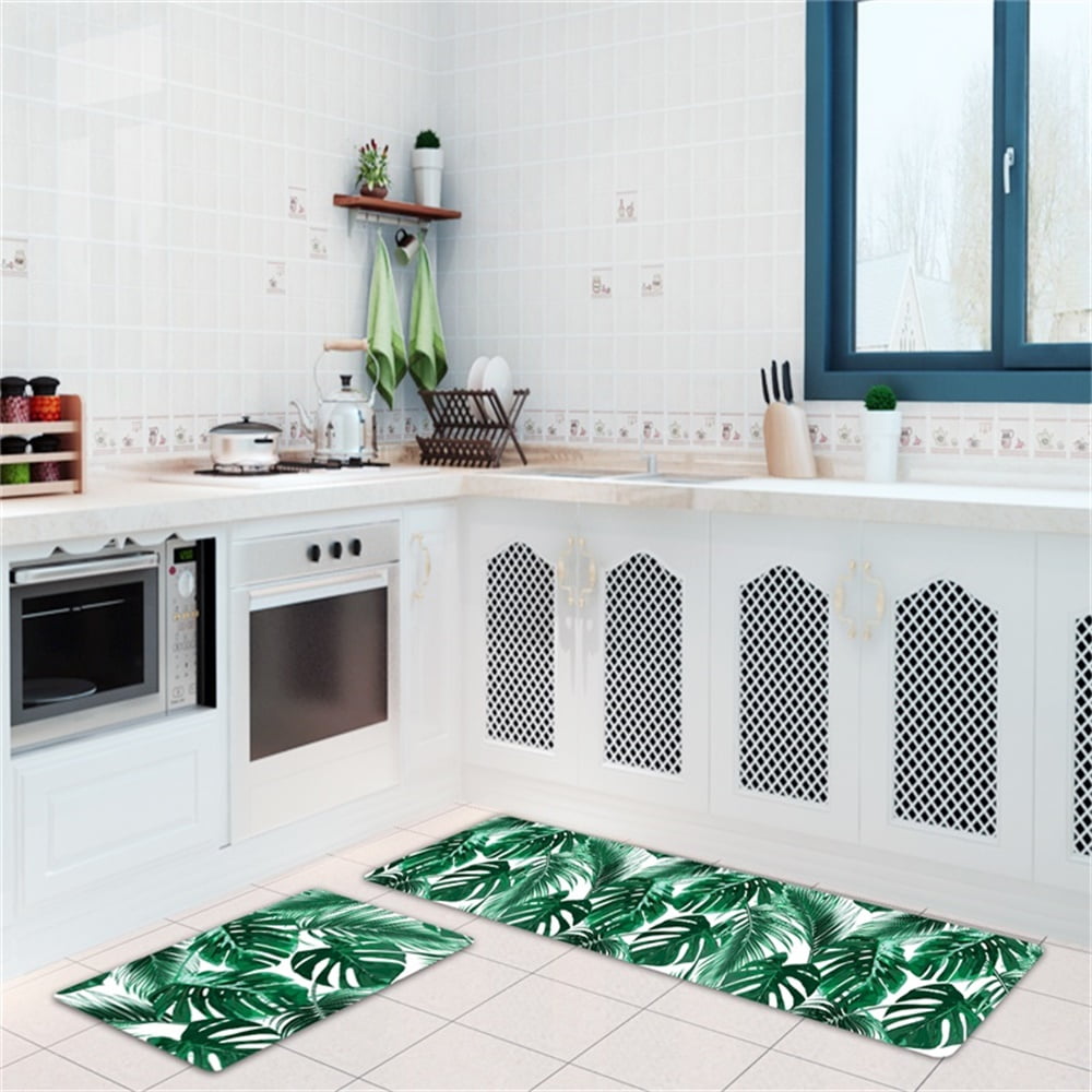 Kitchen Mat 2 Pieces Non Slip Pvc Leather Green Palm Leaves Tropical Plant Leaves Cushioned Kitchen Rug Runner Anti Fatigue Waterproof Sauce Oil Proof Walmart Canada