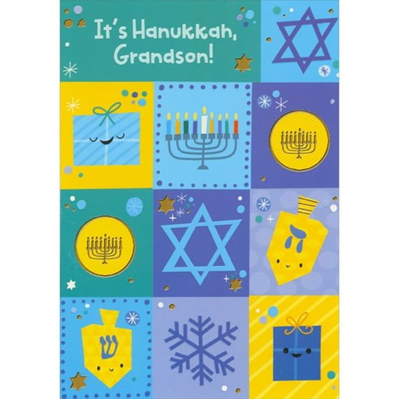 Designer Greetings Blue Yellow and Green Hanukkah Icons in Grid Hanukkah Card for Young Grandson