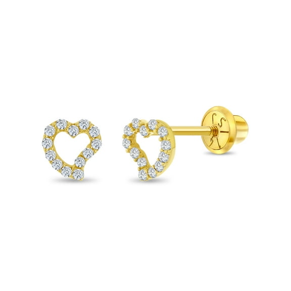 14k Gold CZ Encrusted Heart Clear Baby / Kids Earrings Safety Screw Back