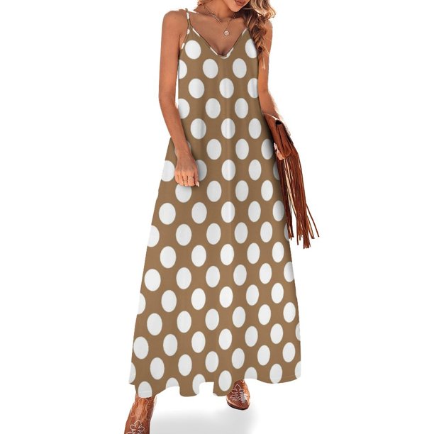 Vestido sin mangas con estampado de puntos marrones y blancos, vestido de noche de lujo para mujer, vestido elegante, vestido para mujer