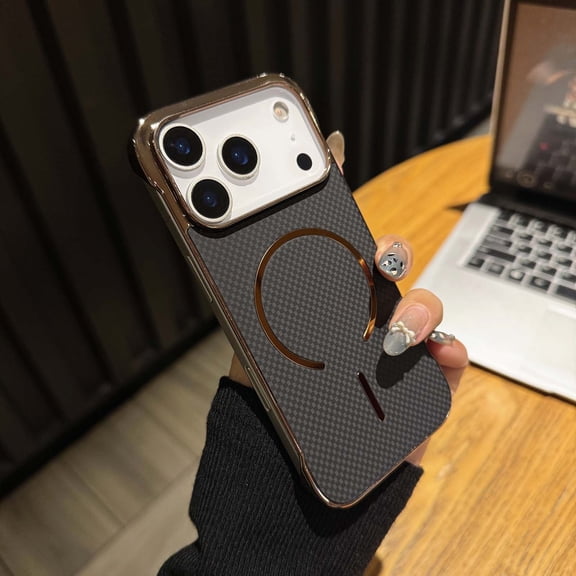For iPhone Air Borderless Phone Case,Compatible with Mag-safe,Fiber Pattern Back Design,Ultra Slim Shockproof Anti-fall Anti-Scratch Rugged Thin Fit Electroplated Phone Case,Black