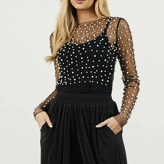 Women See Through Sheer Pearl Tops Long Sleeve Slim Fit Elegant Mesh Pearl Shirts Cover Up Beaded Tops