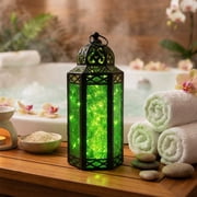 Moroccan Metal Candle Lantern Holder with LED Fairy String Lights, Medium, Green