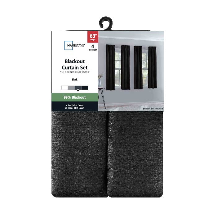 (4 pack) Mainstays 4 of a Kind Blackout Curtain Panels, Set of 4, Black, 28" W x 63" L