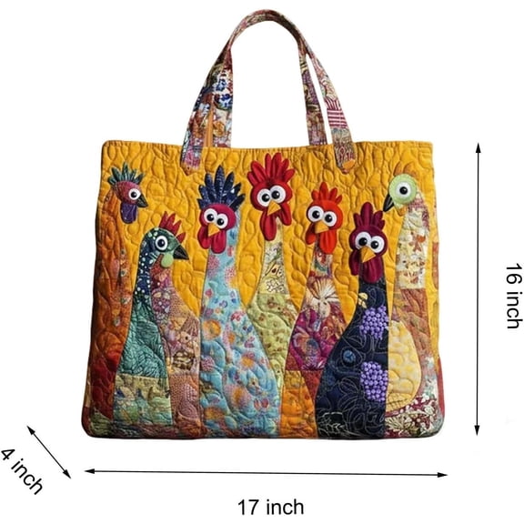 Colorful Quilted Chicken Tote Bag, Whimsical Rooster Shoulder Bag, Spacious Carryall for Groceries, Beach, and Everyday Use, Perfect Gift for Chicken Lovers and Farmers
