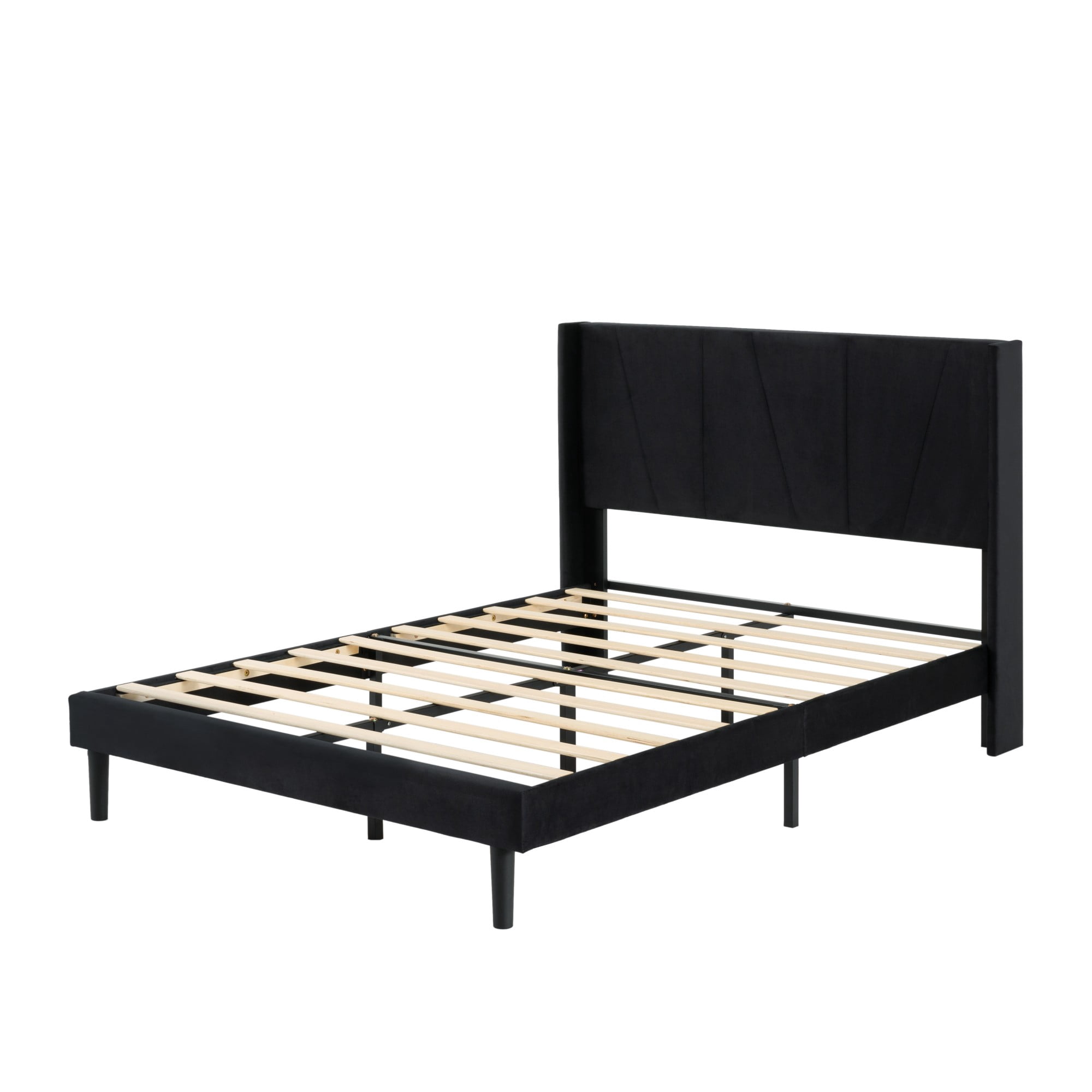 Gewnee Full Size Bed Frame,Velvet Upholstery Platform Bed with Headboard,No Box Spring Needed,Black
