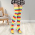 thumbnail image 3 of Qarigey Paquete de 2 calcetines a rayas de talla grande hasta el muslo, transpirabilidad, apariencia única y flexible, calcetines antideslizantes, Medias arcoiris amarillo, 3 of 6