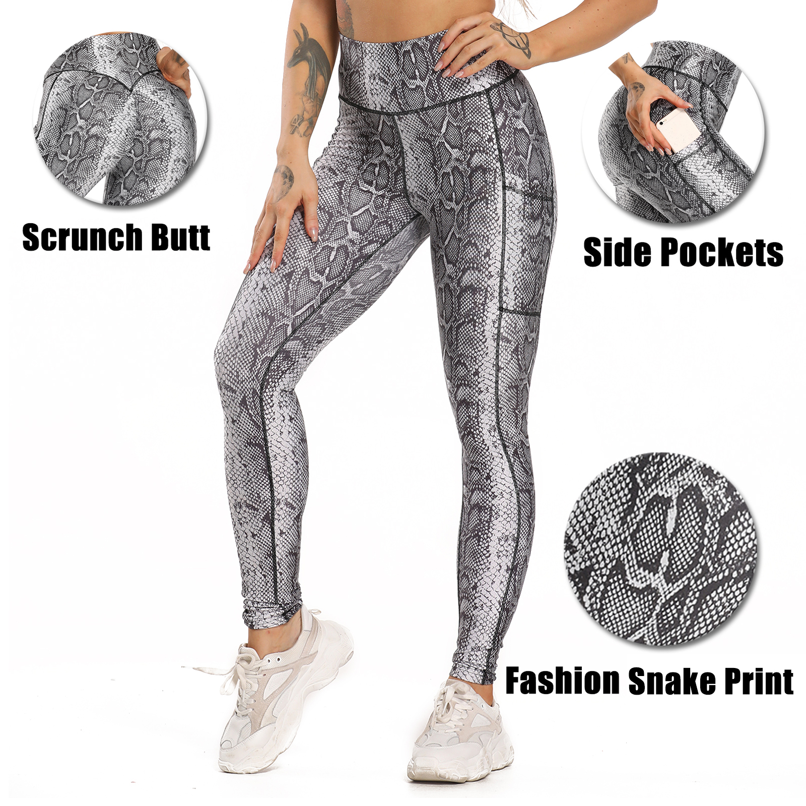 FITTOO Women High Waist Snake Print Yoga Pant Scrunch Butt Legging Side  Pocket Workout Gym Pants 