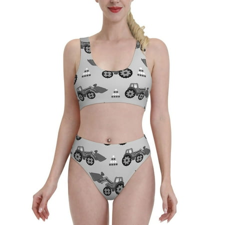 Bixox Gray Tractor Pattern Two-Piece Sports Bikini with U-Shaped Top and High-Waist Bottom - Women s Swimwear with Removable Bra Pads