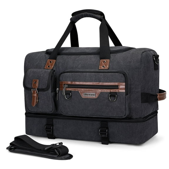 WITZMAN Canvas Weekender Bag Mens Overnight Bag for Traveling Carry on Duffle Bags with Shoes Compartment(A8010 Black)