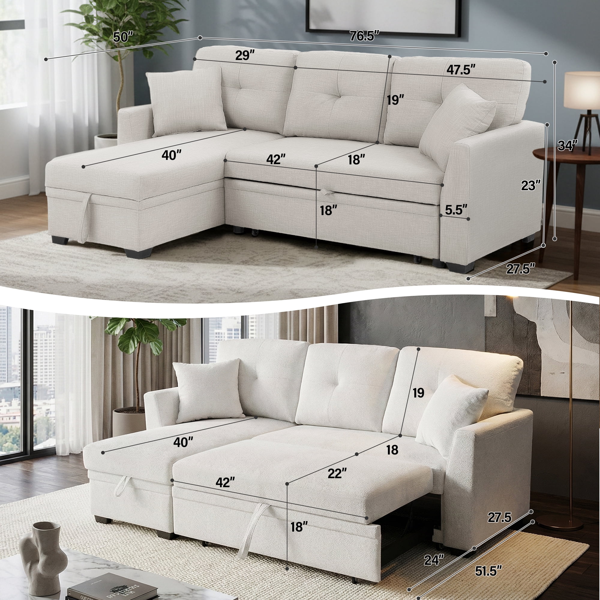 AENKYO Convertible L-Shaped Sectional Sofa Sleeper with Pull-Out Bed and Storage Chaise, Linen Upholstered Couch for Living Room，White