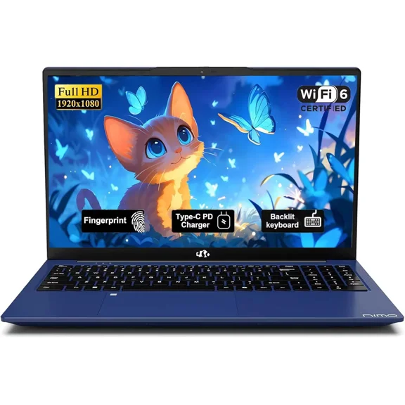 15.6" FHD Student Laptop, Intel N150 Processor (4-Core, up to 3.6GHz), 8GB RAM, 256GB SSD, Fingerprint, Backlit Keyboard, 2-Year Warranty-Blue