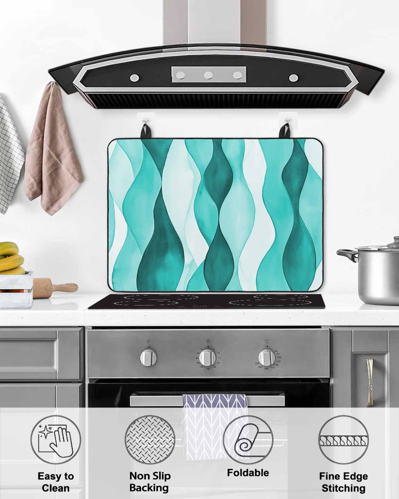 nqOlkjepod Large Induction Cooktop Protector Mat 24"x21", Turquoise Stripes Stove Top Covers for Electric Stove, Vintage Farmhouse Ripple Texture Art Stove Burner Cover Mats, Glass Top Stove Cover
