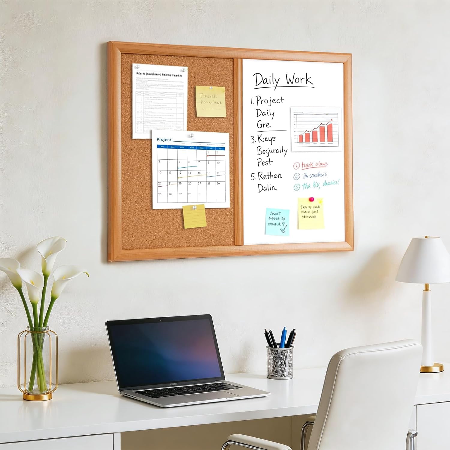 Cork Board White Board Combo with MDF Wood Frame, 24 x 18 Inch Bulletin Board, Magnetic Dry Erase Board & Corkboard for Wall, Vision Board for Home, Office, School