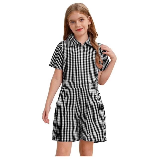 Sinleey Robe d'Été à Carreaux pour Filles, Manches Courtes, Fermeture Éclair, Uniforme de Jeu avec Poches, Noir 10