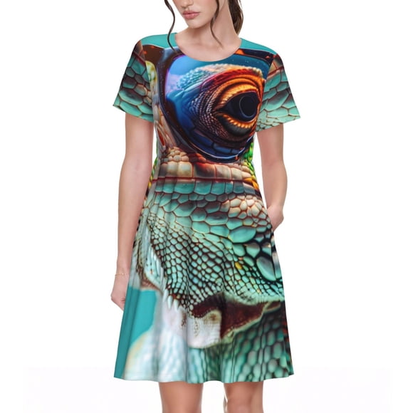 Fotbe Stylish Sunglasses Iguana Vestido Largo de Moda para Mujer, Vestido Tipo Camiseta con Manga Corta y Estilo Casual a Rayas y Bloques de Color