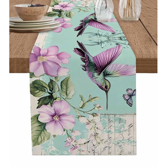 Teal Purple Bird Floral Table Runner 60 Inches, Vintage Watercolor Botanical Bed Runner Dresser Scarves Tabletop for Indoor Outdoor Parties/Ceremony/Banquet, 13" x 60"
