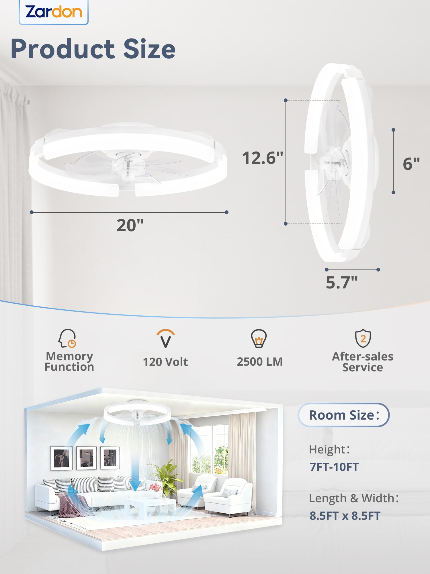 Zardon 20 inch Modern Ceiling Fan with Light and APP & Remote Control, Flush Mount Ceiling Fan, 6 Speeds, 3 Color Temperatures, Ultra Quiet DC Motor, for Bedroom, Living Room-White