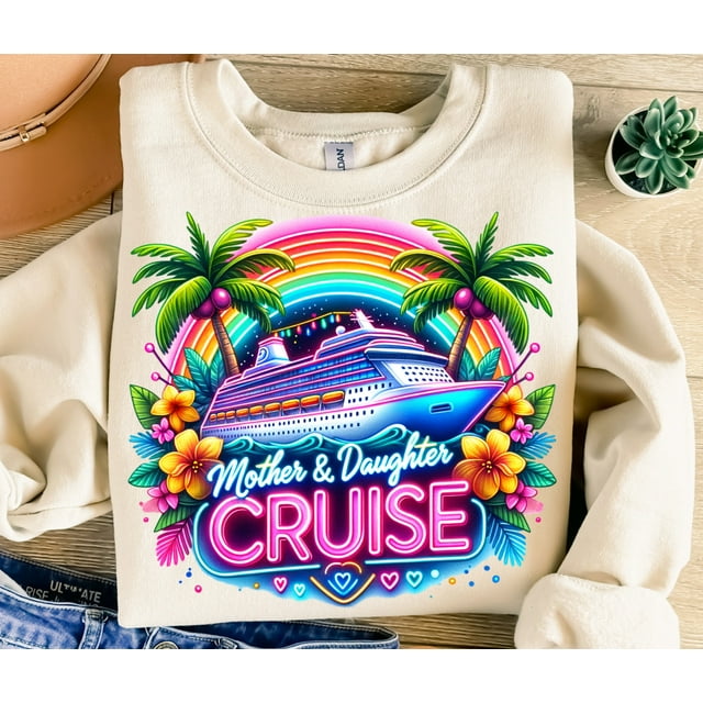 Mother & Daughter Cruise Sweatshirt, Sublimation Design, Neon Cruise Ship Sweatshirt, Vaca - White - M