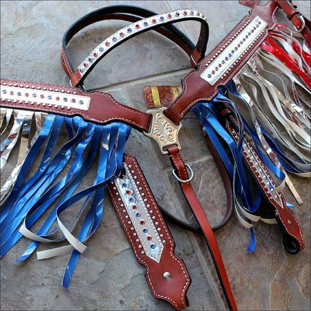Tooled Roper Breast Collar - HILASON US AMERICAN FLAG WESTERN LEATHER HORSE HEADSTALL BREAST COLLAR RED BLUE
