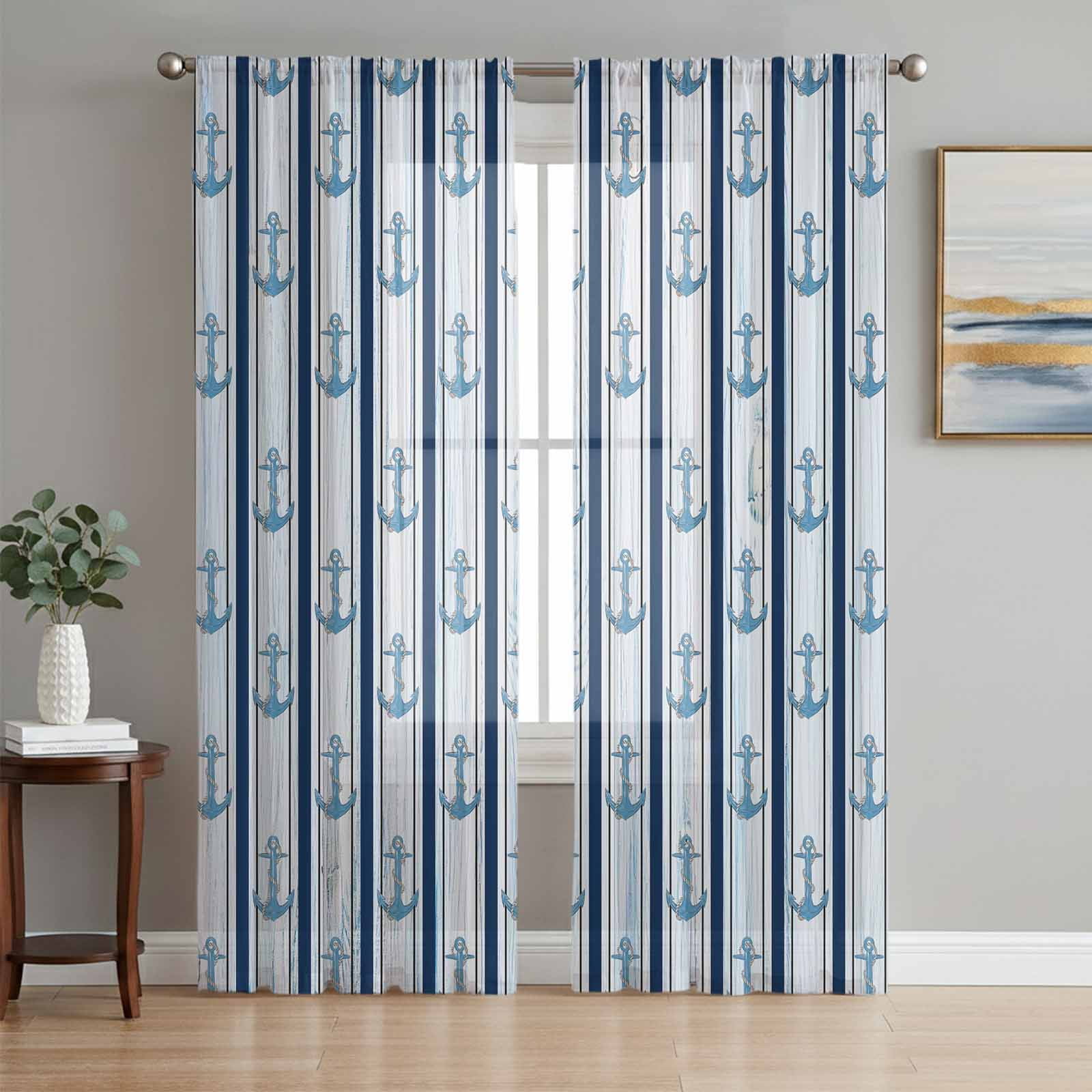 Navy Blue Anchor Nautical Semi Sheer Curtains 72 Inch Length 2 Panels Set Blue Coastal Ocean Sheer Kitchen Curtain Privacy Voile Window Curtain for Living Room Bedroom Rod Pocket Drapes