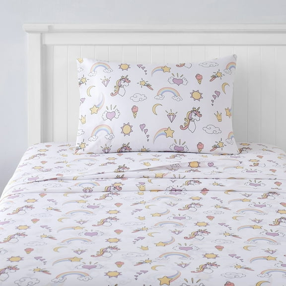 Kids Fun & Bright Printed Microfiber Sheet Sets, Ultra Soft Fitted Sheets with Straps - Magical Unicorns, Twin XL Size