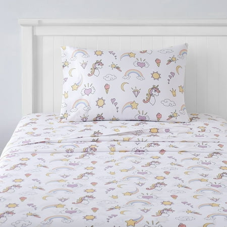 Kids Fun & Bright Printed Microfiber Sheet Sets Ultra Soft Fitted Sheets with Straps - Magical Unicorns Twin XL Size