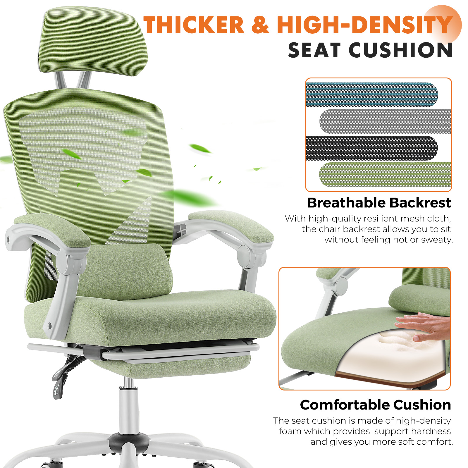 CONCETTA Ergonomic Mesh Office Chair, High Back Swivel Chairs with Adjustable Lumbar Support, Headrest, Footrest, and Armrests, Green