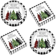 50 Pcs Christmas Paper Plates 9 inch Black Buffalo Plaid Christmas Tree Plates and Napkins for Christmas Party Supplies Disposable Xmas Tree Tableware Serve 25 for Holiday Winter Party Supplies