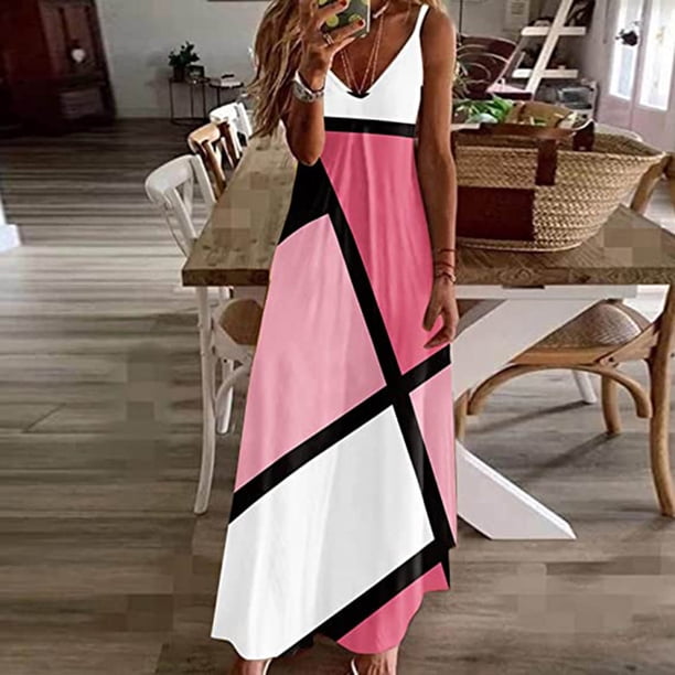 WILLBEST Vestidos Largos Casuales para Mujer Verano Casual Sexy sin Mangas Cuello En V Largo Geométrico Color Estampado Vestido Extra Grande