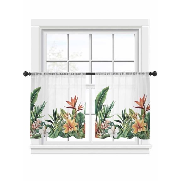 Tropical Palm Leaves Sheer Curtains 2 Panels Set Watercolor Floral Sheer Window Curtains Light Filtering Rod Pocket Voile Drapes for Bedroom Living Room 52"x54"