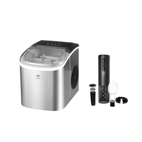 Combo Máquina para hacer hielos 12 kg y Sacacorchos Eléctrico Recargable AVERA Acero Inoxidable.