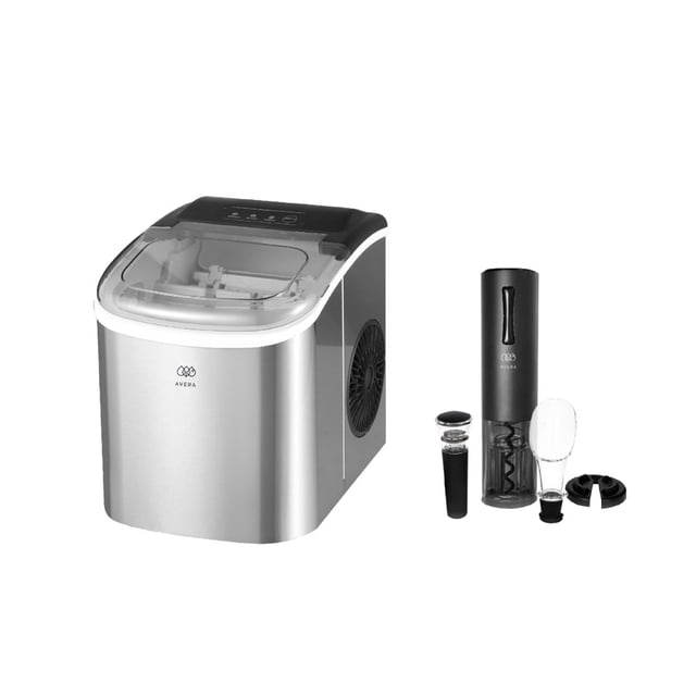 Combo Máquina para hacer hielos 12 kg y Sacacorchos Eléctrico Recargable AVERA Acero Inoxidable.