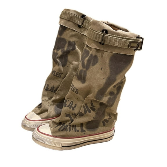 Women's Graffiti Print Canvas Jumper Boots, Stacked Ankle Booties with Folded Cuff, Comfort Casual Grunge Style Boots