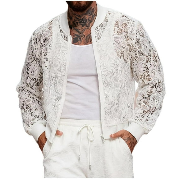 LMOIPLI Men's Sheer Floral Lace Bomber Jackets Long Sleeve See Through Coats Zip Up Outerwear Solid Color Long Sleeved Jackets White XL