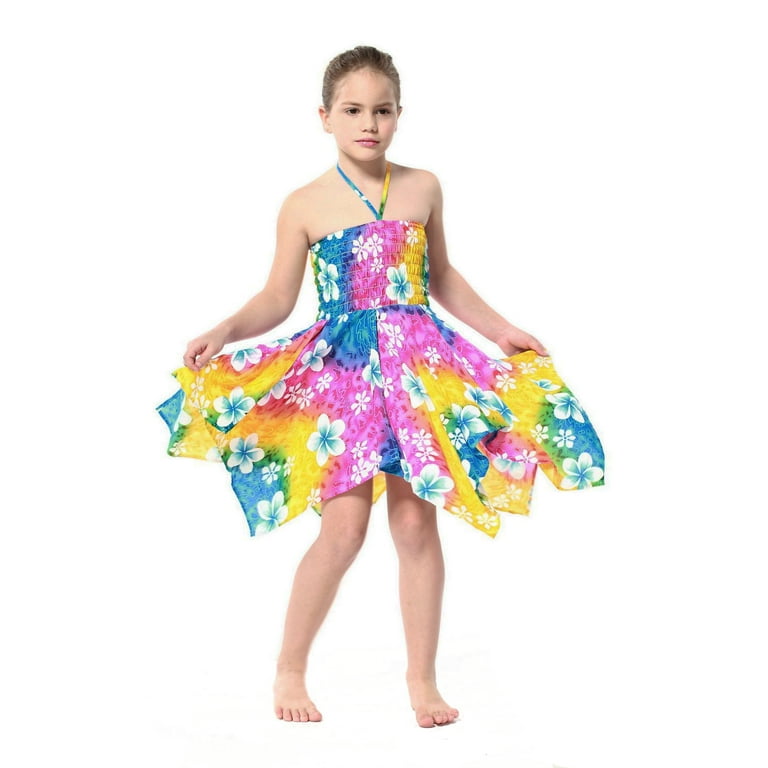 Girl Gypsy Uneven Button Hawaiian Luau Dress in Rainbow Floral 12