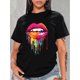 thumbnail image 1 of Camiseta Para Mujer De Verano Cuello RedondoColorful Lips Print T-Shirt, Crew Neck Short Sleeve T-Shirt, Casual Sport Tops, Women's ClothingFather's Day, Mother's Day, New Year, Spring Festival, Val, 1 of 8