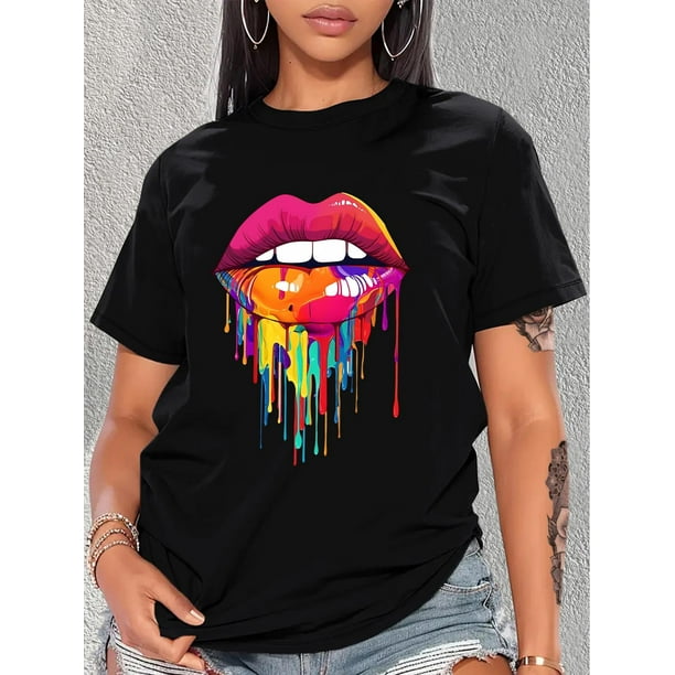 Camiseta Para Mujer De Verano Cuello RedondoColorful Lips Print T-Shirt, Crew Neck Short Sleeve T-Shirt, Casual Sport Tops, Women's ClothingFather's Day, Mother's Day, New Year, Spring Festival, Val