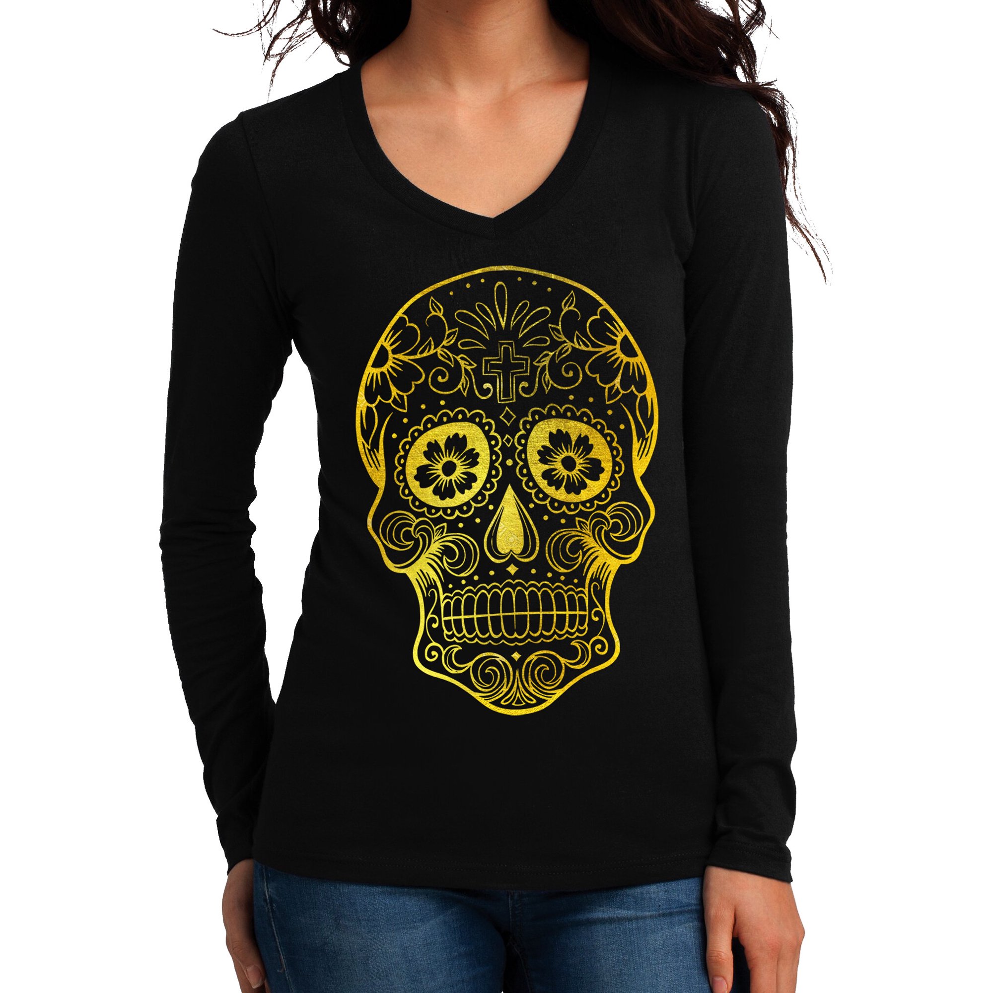 Sugar Skull – Ladies’ V-Neck T-Shirt X-Large / Black