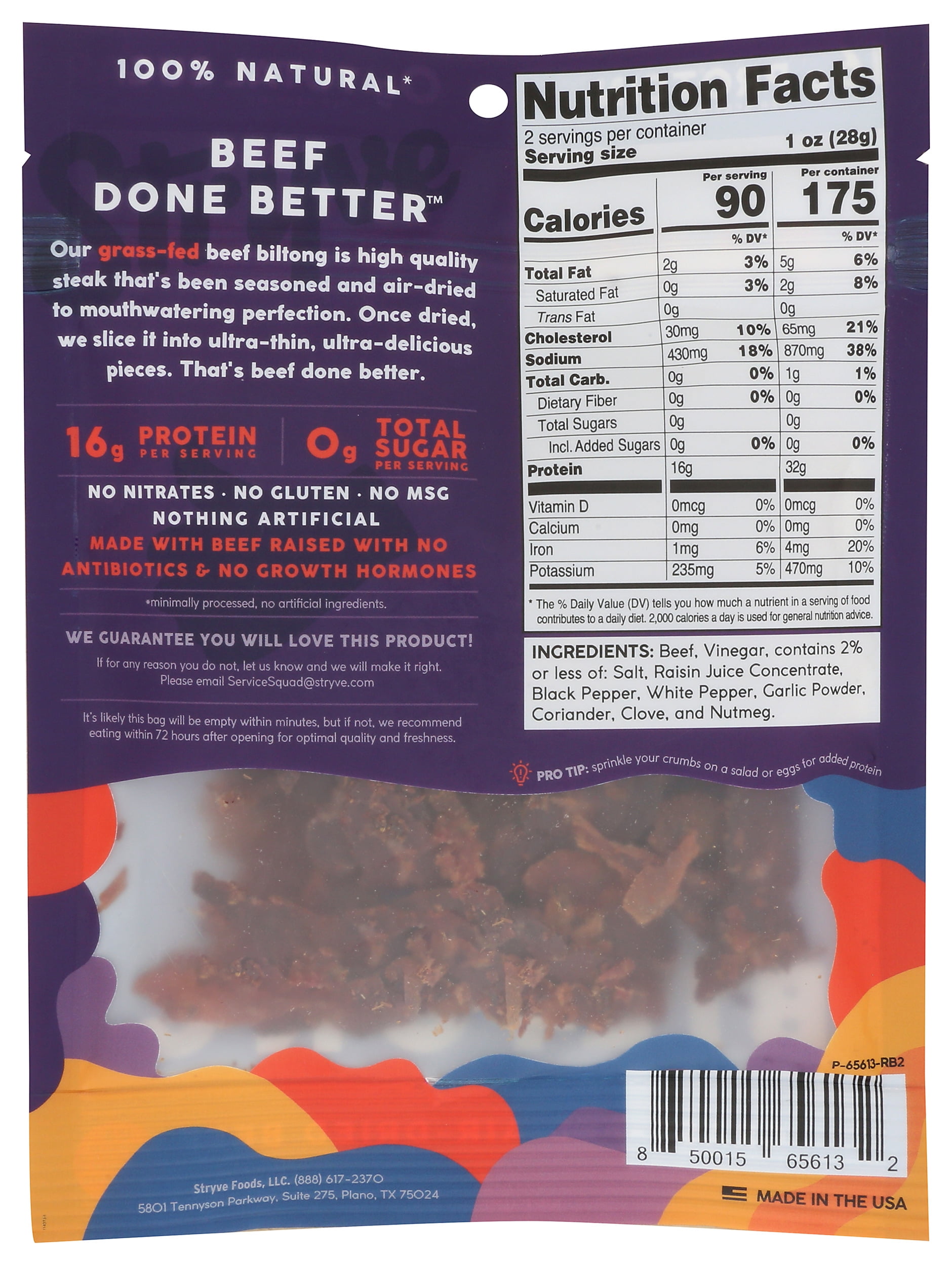 Pack of 12, Stryve Protein Snacks Original Beef Biltong, 2 oz