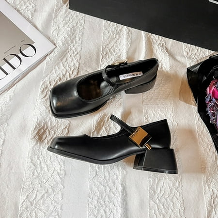 

Spring French retro Mary Jane shoes chunky heel square toe single-layer shoes black jk small leather shoes high heels women‘s small leather shoes