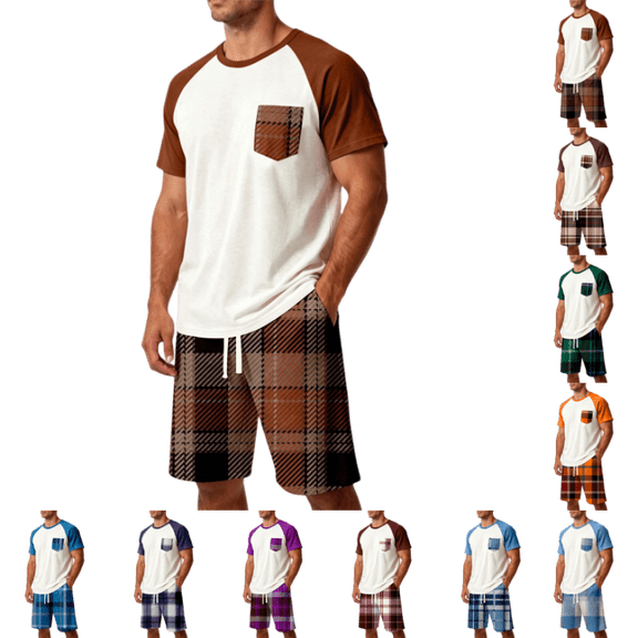 OIOLOYJM Mens Pajama Set Summer Casual Cotton Plaid Breathable Pjs Sleepwear Soft Comfy Raglan Short Sleeve Sleep Set With Pockets Brown L