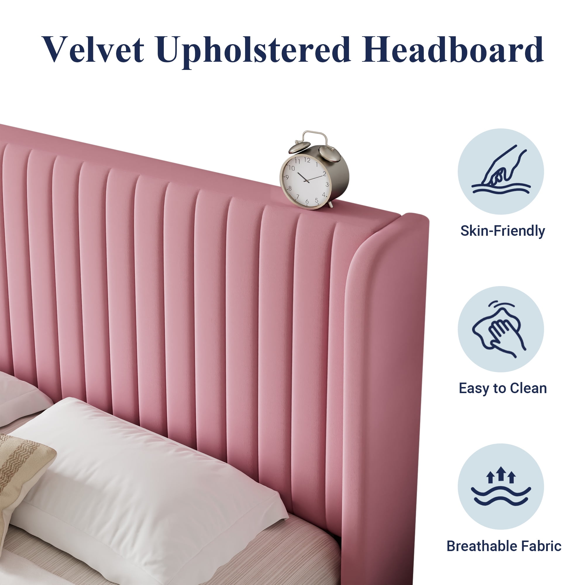 Sifurni QUeen Size Velvet Platform Bed Frame with Vertical Channel Tufted Wingback Headboard, Pink